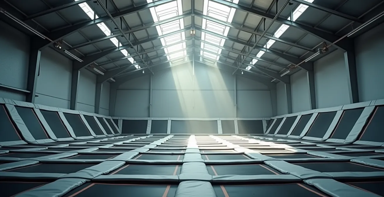 Espace de trampoline park épuré avec architecture moderne