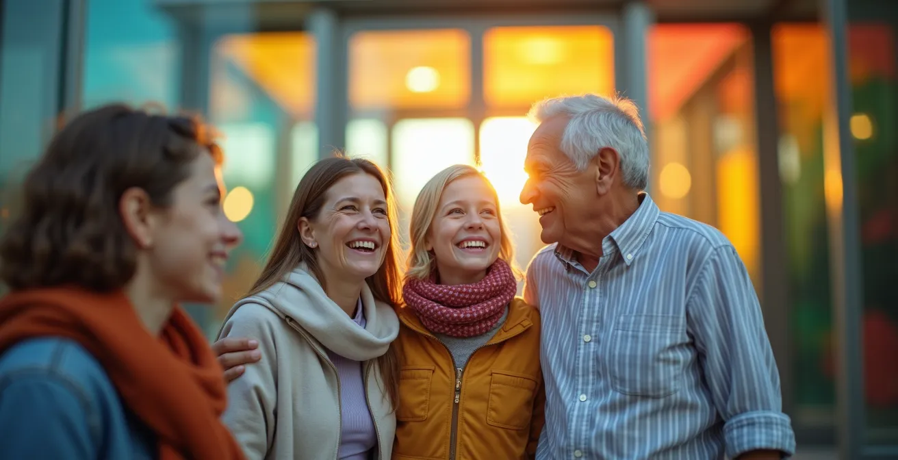 Famille avec enfants et parents souriants à l'entrée d'un trampoline park