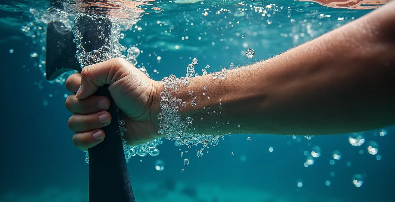 Axe Macro & Textural : Détail de la résistance de l'eau sur les muscles en mouvement