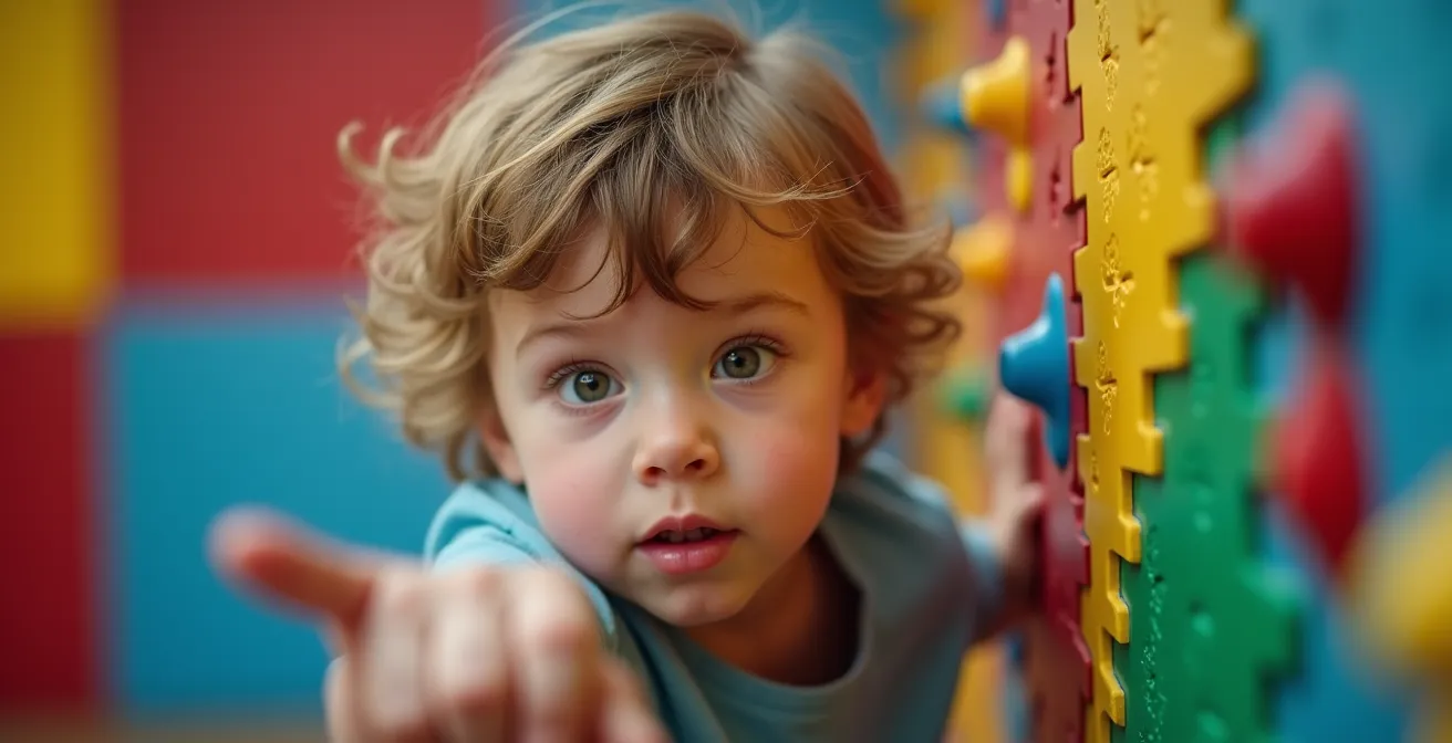 Enfant concentré sur parcours ninja avec main tendue vers prise